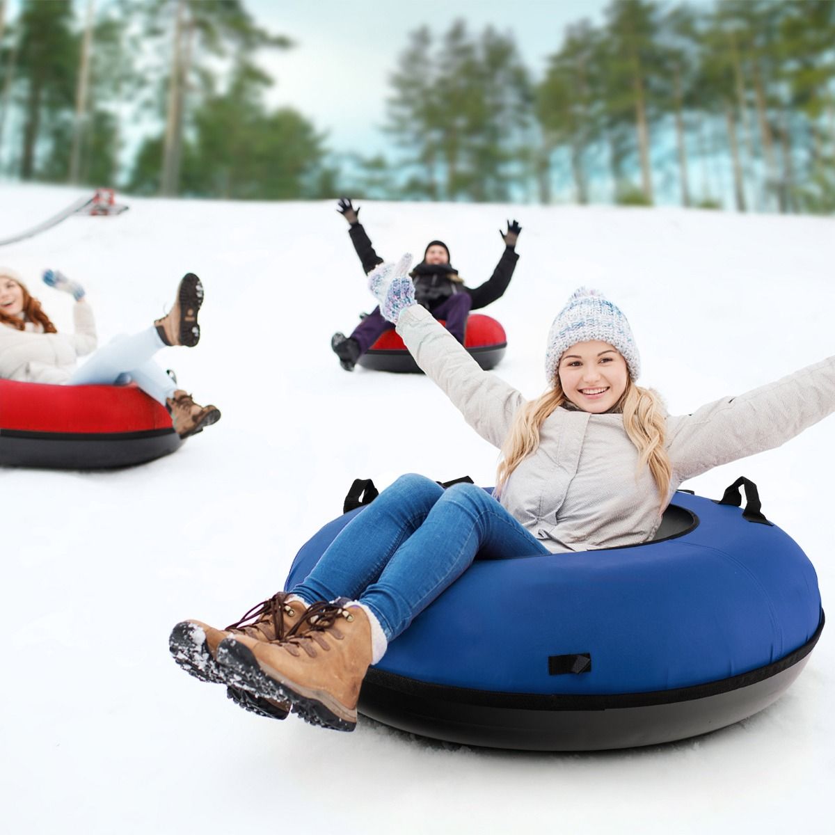 Coast 100 cm Inflatable Snow Sleigh Blue - Durable Oxford - Hard Bottom - Included Seat Pad and Towing Strap