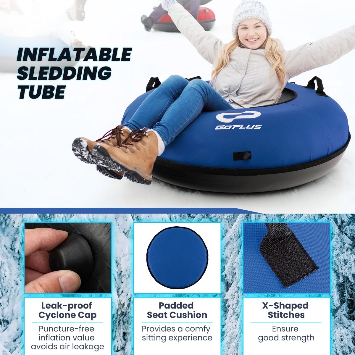 Coast 100 cm Inflatable Snow Sleigh Blue - Durable Oxford - Hard Bottom - Included Seat Pad and Towing Strap