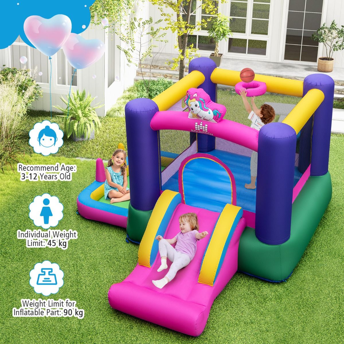 Coast Bouncy Castle with Slide 296x287x183 cm - Multicolore - Maison de jeux 6-en-1 avec panier de basket, piscine à balles et jeux de lancer - Pour l'intérieur et l'extérieur