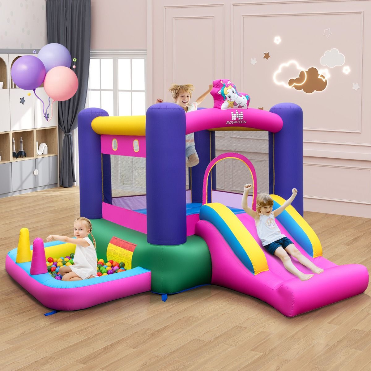 Coast Bouncy Castle with Slide 296x287x183 cm - Multicolore - Maison de jeux 6-en-1 avec panier de basket, piscine à balles et jeux de lancer - Pour l'intérieur et l'extérieur