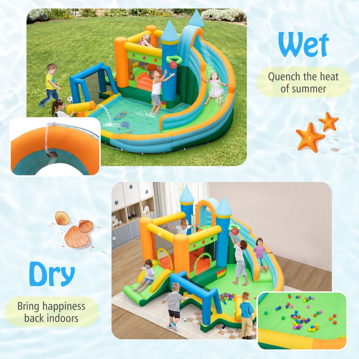 Coast Château gonflable Waterpark - 2 toboggans, mur d'escalade, lanceur d'eau, max. 90 kg - 463 x 395 x 251 cm - Oxford/PVC - Multicolore