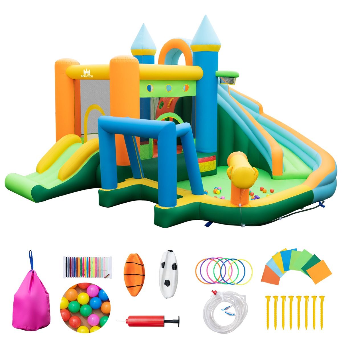 Coast Château gonflable Waterpark - 2 toboggans, mur d'escalade, lanceur d'eau, max. 90 kg - 463 x 395 x 251 cm - Oxford/PVC - Multicolore