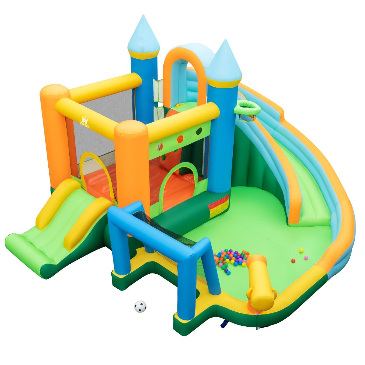 Coast Château gonflable Waterpark - 2 toboggans, mur d'escalade, lanceur d'eau, max. 90 kg - 463 x 395 x 251 cm - Oxford/PVC - Multicolore