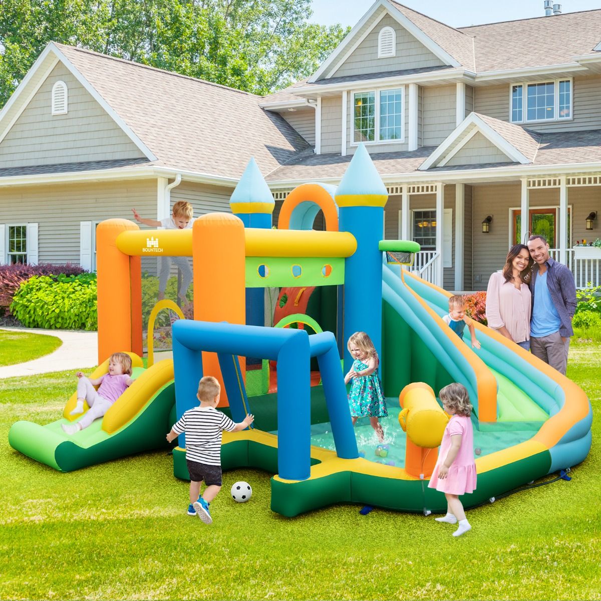 Coast Château gonflable Waterpark - 2 toboggans, mur d'escalade, lanceur d'eau, max. 90 kg - 463 x 395 x 251 cm - Oxford/PVC - Multicolore