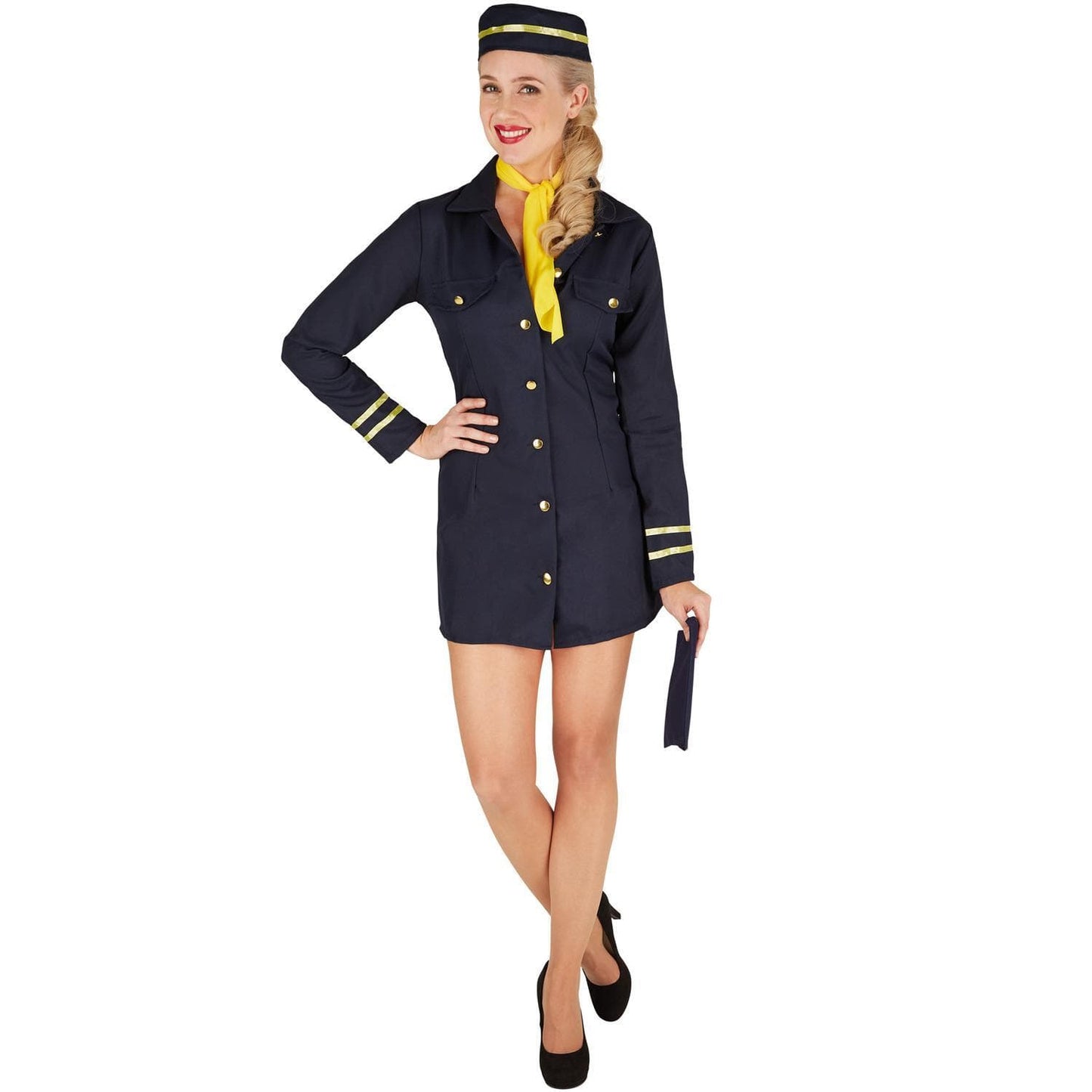 costume d'hôtesse de l'air sexy - taille S - noir/jaune - robe 85 cm, chapeau et écharpe