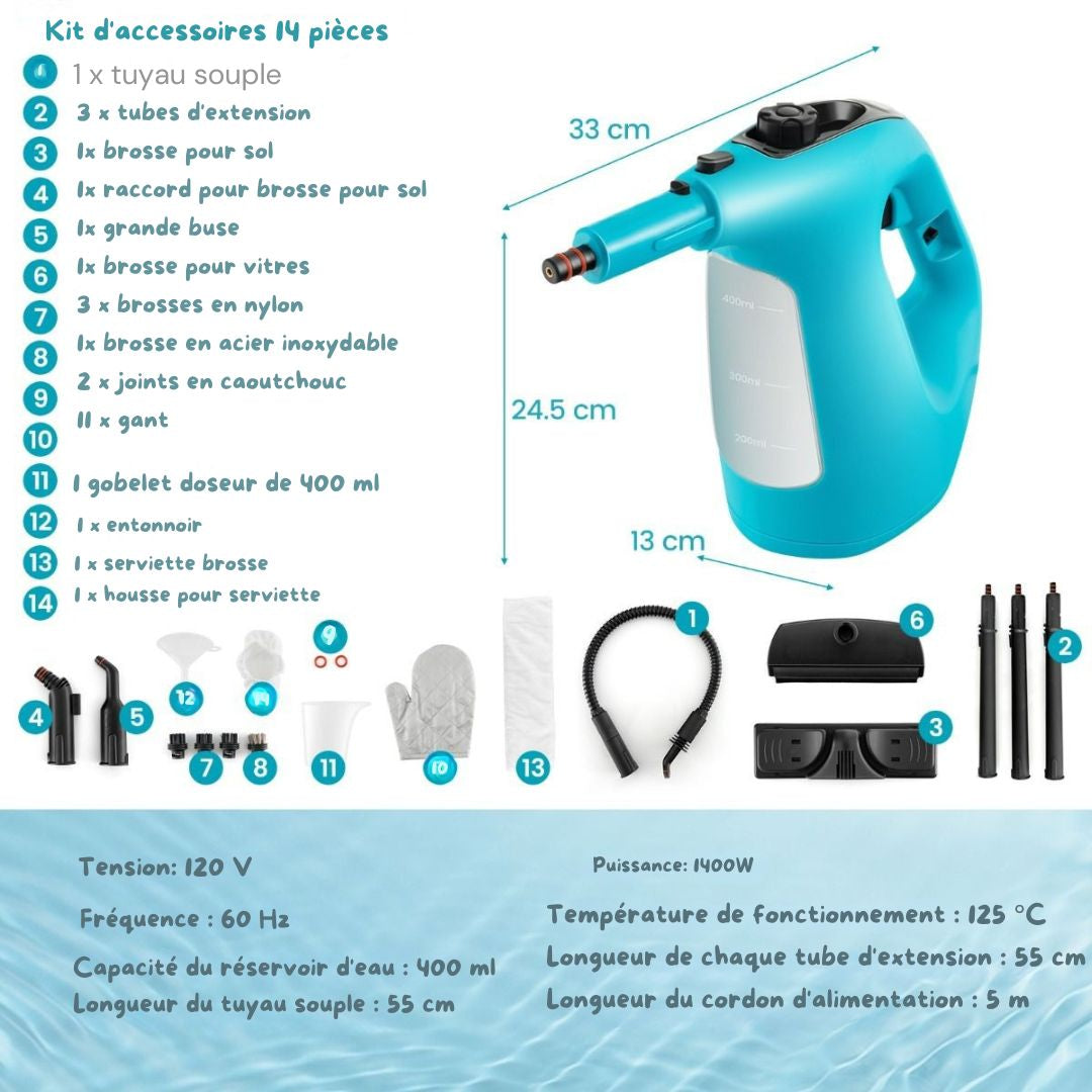 Nettoyeur vapeur Coast - Portable - 1400W - Accessoires inclus - Bleu