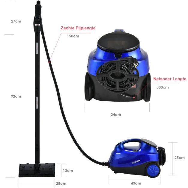 Coast Steam Cleaner Bleu/Orange/Rouge/Pourpre - 2000W - 1.5L Tank - Avec 19 Accessoires