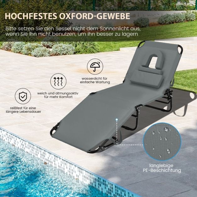 Chaise longue pliable Coast - réglable en 5 positions avec ouverture faciale et 3 coussins - Gris