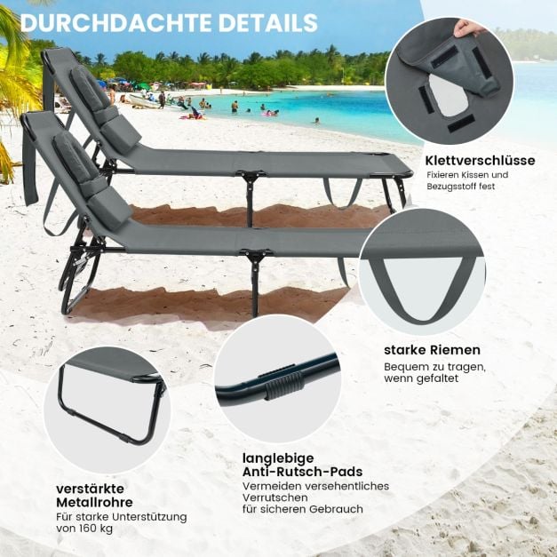 Chaise longue pliable Coast - réglable en 5 positions avec ouverture faciale et 3 coussins - Gris