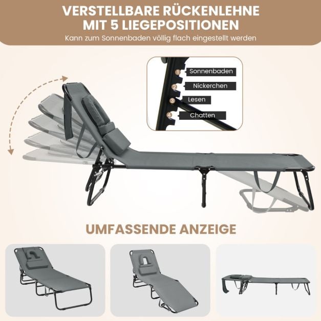 Chaise longue pliable Coast - réglable en 5 positions avec ouverture faciale et 3 coussins - Gris