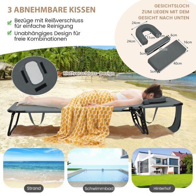 Chaise longue pliable Coast - réglable en 5 positions avec ouverture faciale et 3 coussins - Gris