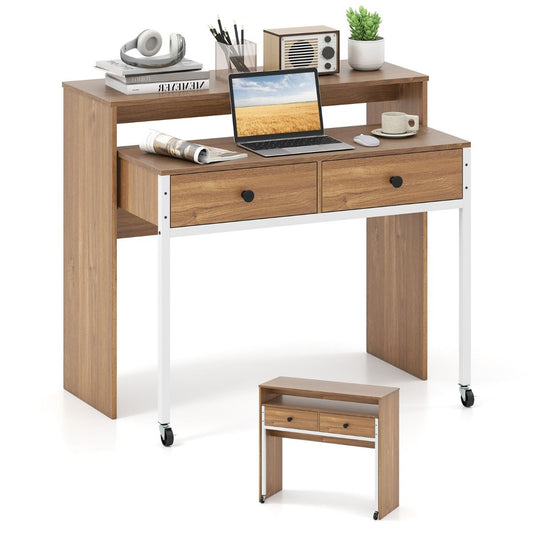 Bureau extensible Coast avec 2 tiroirs et roulettes - 100 x 63 x 88 cm - Couleur bois naturel
