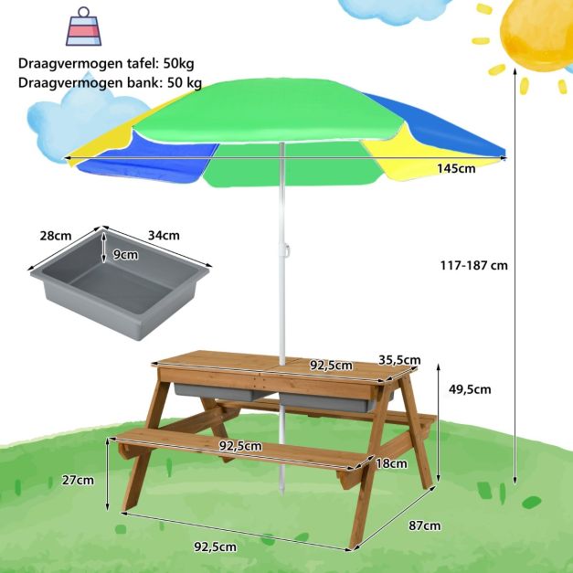 Coast Picnic Table Set - 3-in-1 - 92.5 x 87 x 49.5 cm - Parasol et bancs inclus