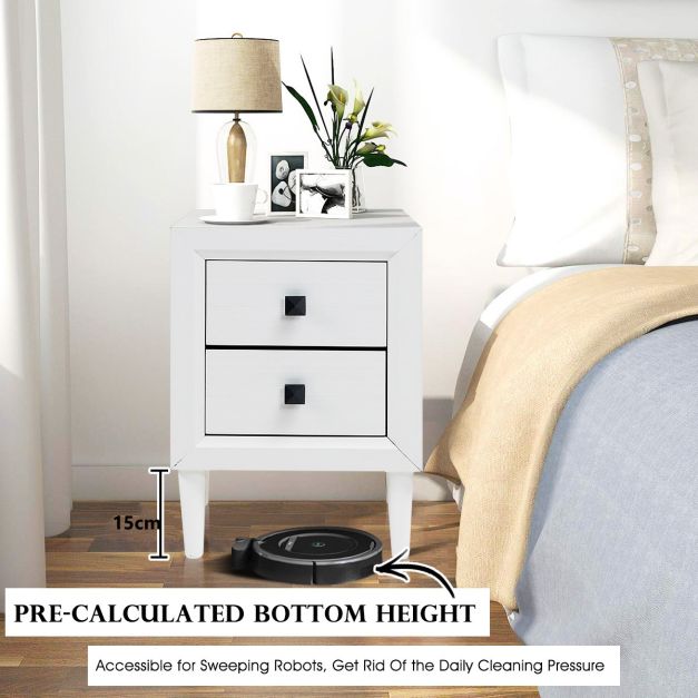 Coast Table de chevet / Table d'appoint 40x40x55 cm - Blanc avec 2 tiroirs et pieds en bois massif