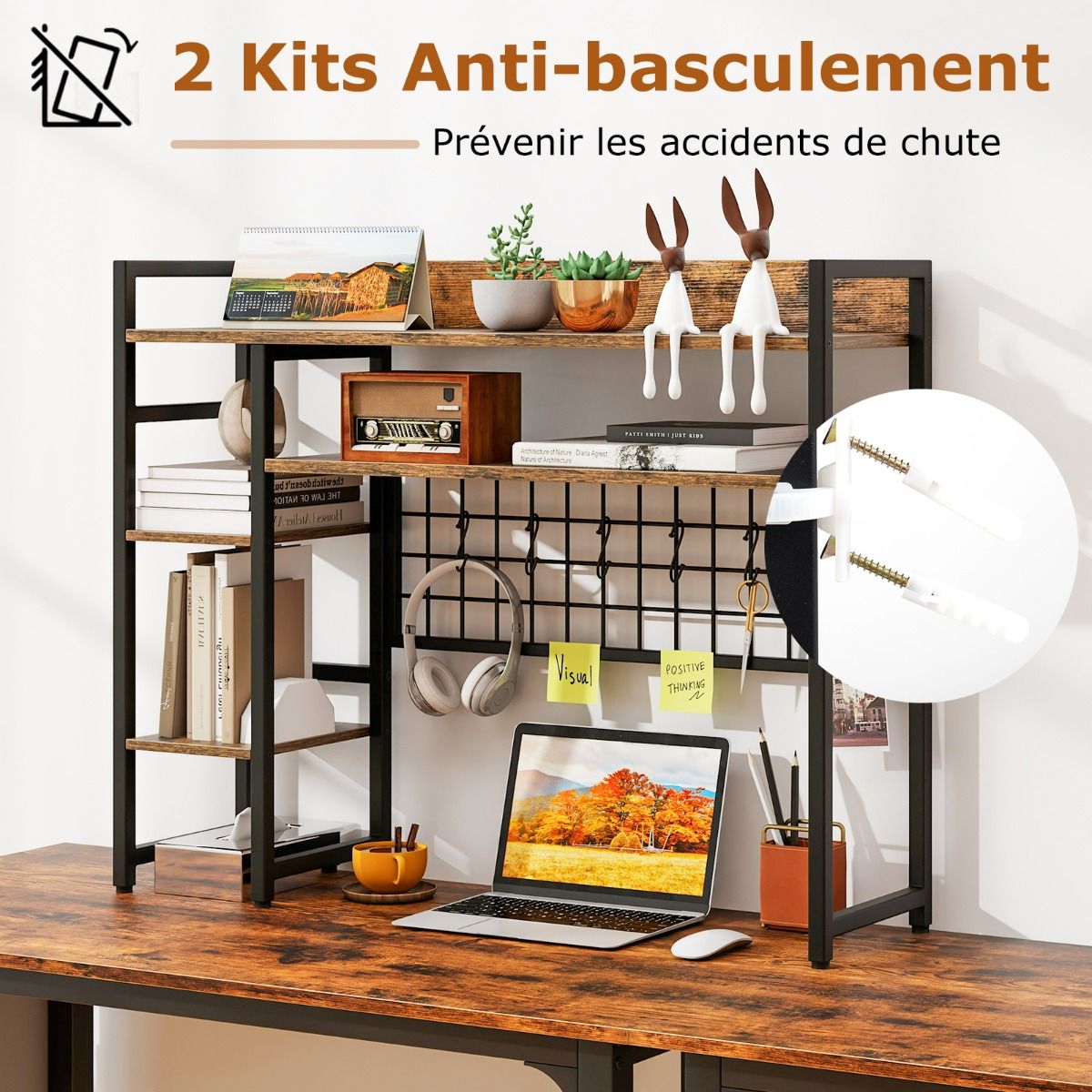 Coast Desk Organizer Coffee - 94 x 25 x 74 cm - 4 couches avec panneau grillagé et 6 crochets