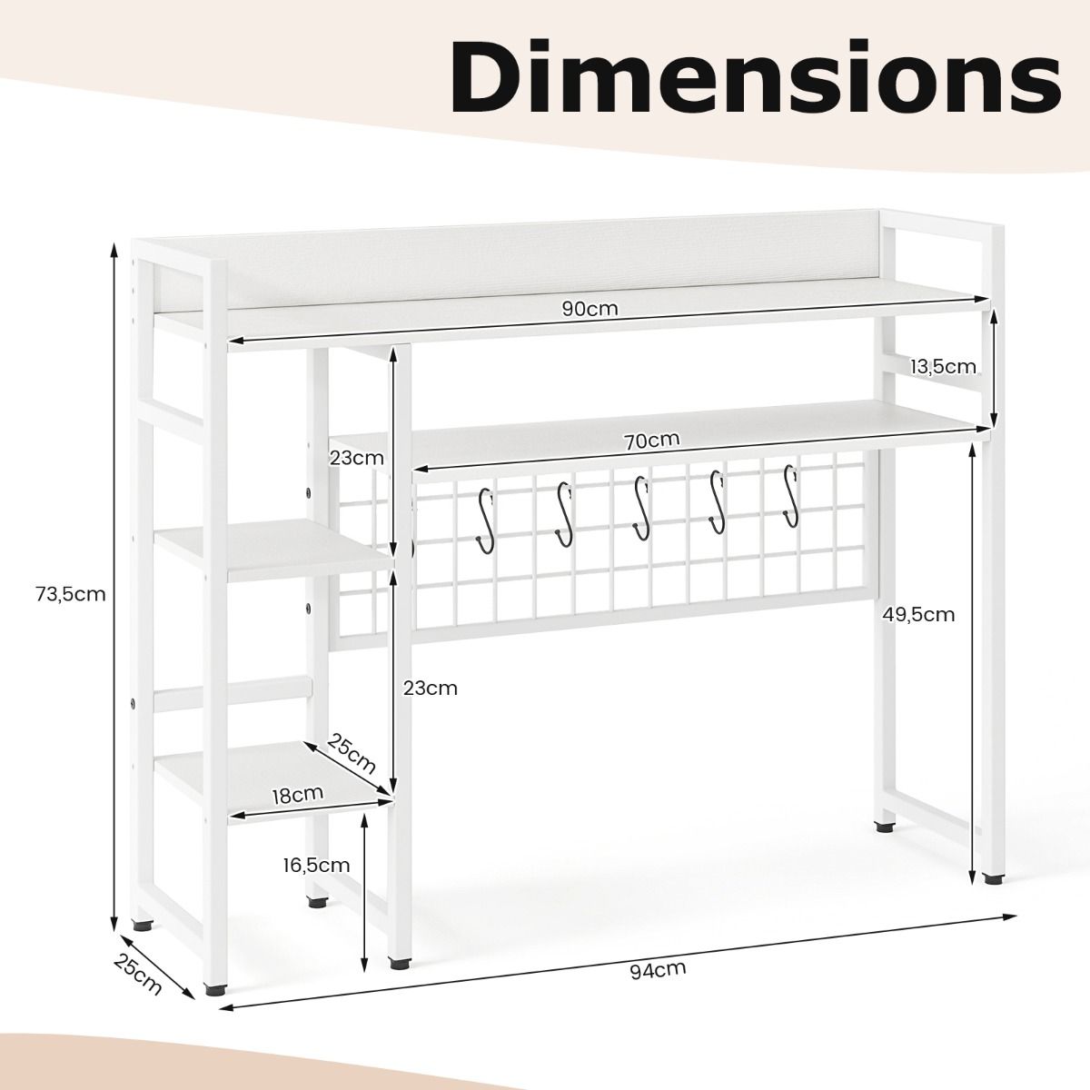 Coast Desk Rack - 94 × 25 × 74 cm - 4 niveaux - panneau grillagé en métal + 6 crochets - blanc