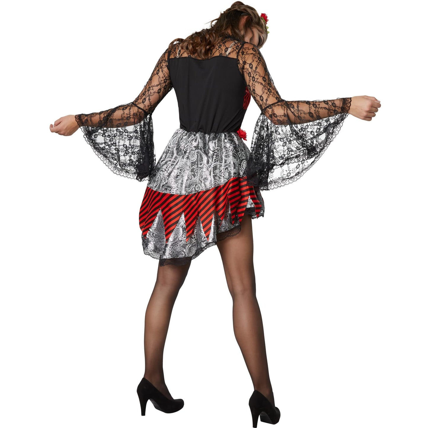 TecTake Halloween Dancer Costume Ladies - L - Red - Robe avec imprimé squelette, dentelle et serre-tête