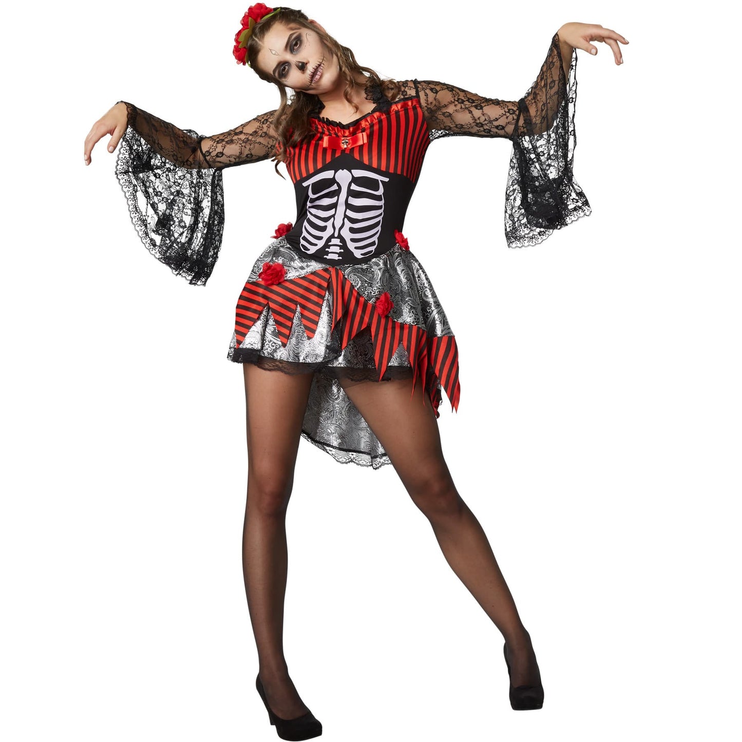 TecTake Halloween Dancer Costume Ladies - L - Red - Robe avec imprimé squelette, dentelle et serre-tête