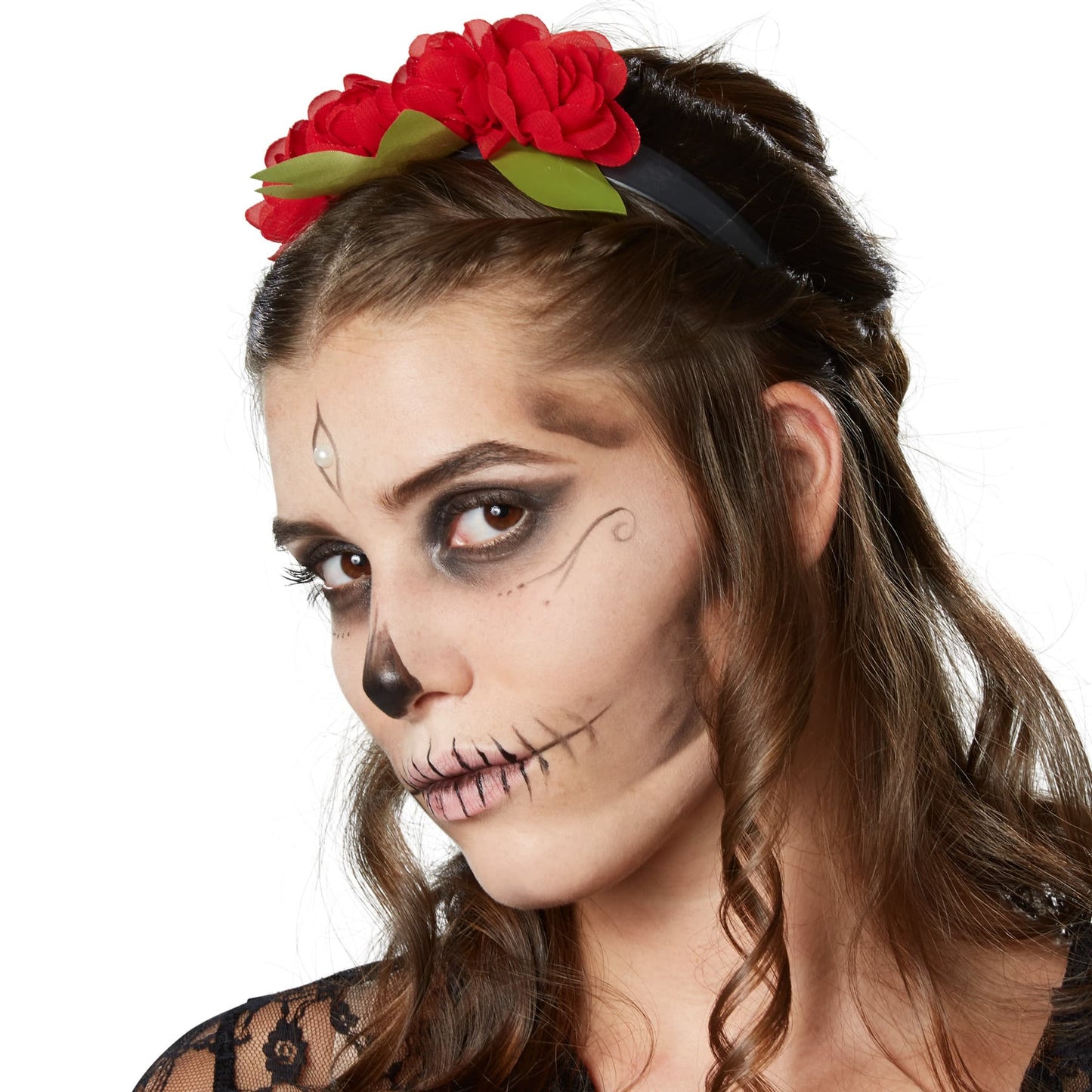 TecTake Halloween Dancer Costume Ladies - L - Red - Robe avec imprimé squelette, dentelle et serre-tête