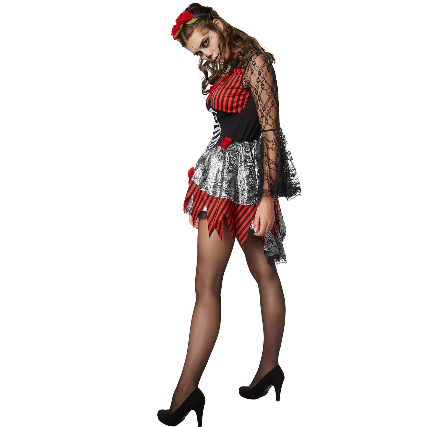 TecTake Halloween Dancer Costume Ladies - L - Red - Robe avec imprimé squelette, dentelle et serre-tête
