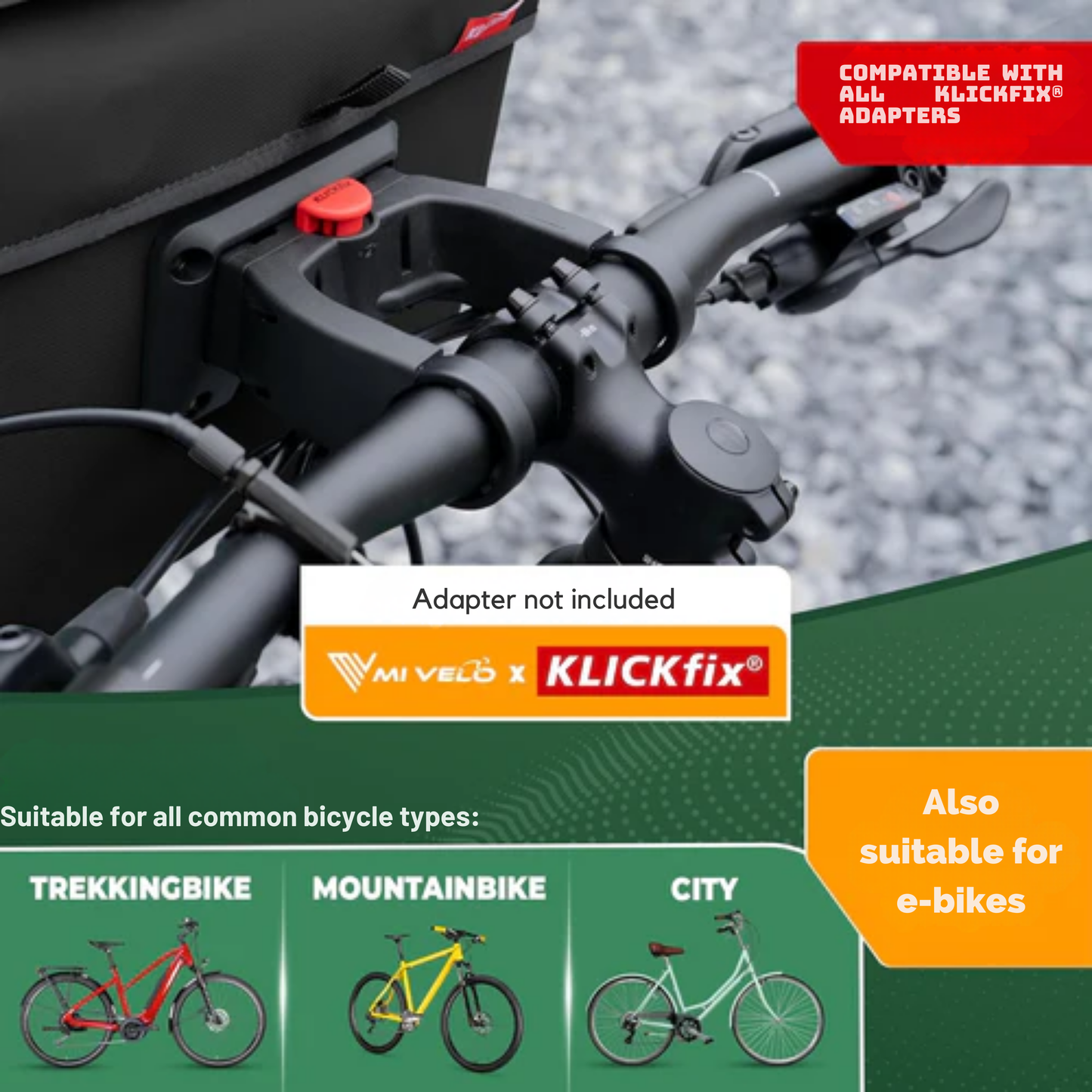 MIVELO Sacoche guidon enfant KLICKfix - Imperméable - Compartiment mobile - Gris