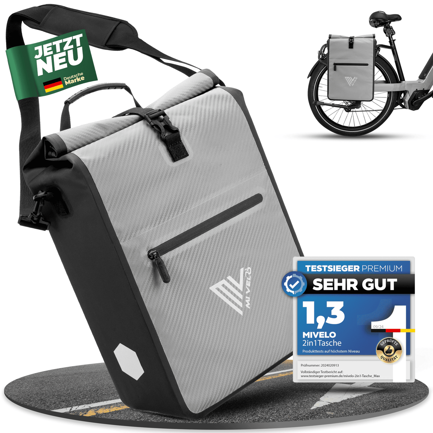 MiVelo Max - Sacoche étanche 2-en-1 pour porte-bagages - Gris carbone - 25 L