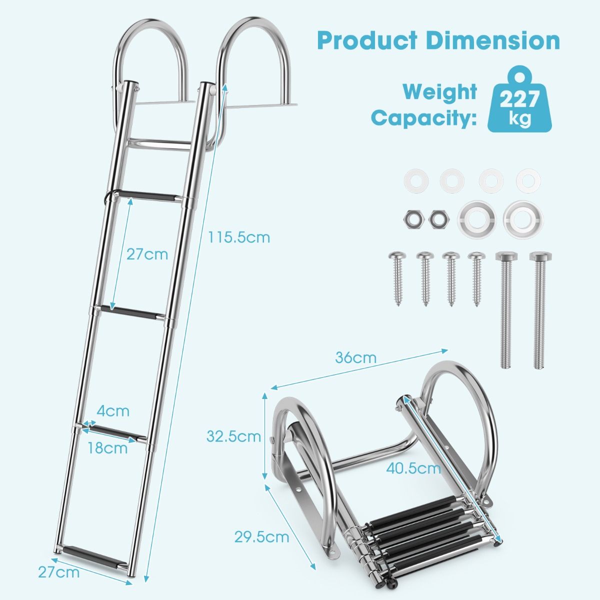 Coast Boat Ladder - Echelle de piscine - 4 marches - pliable - antidérapante - 120 cm - inox