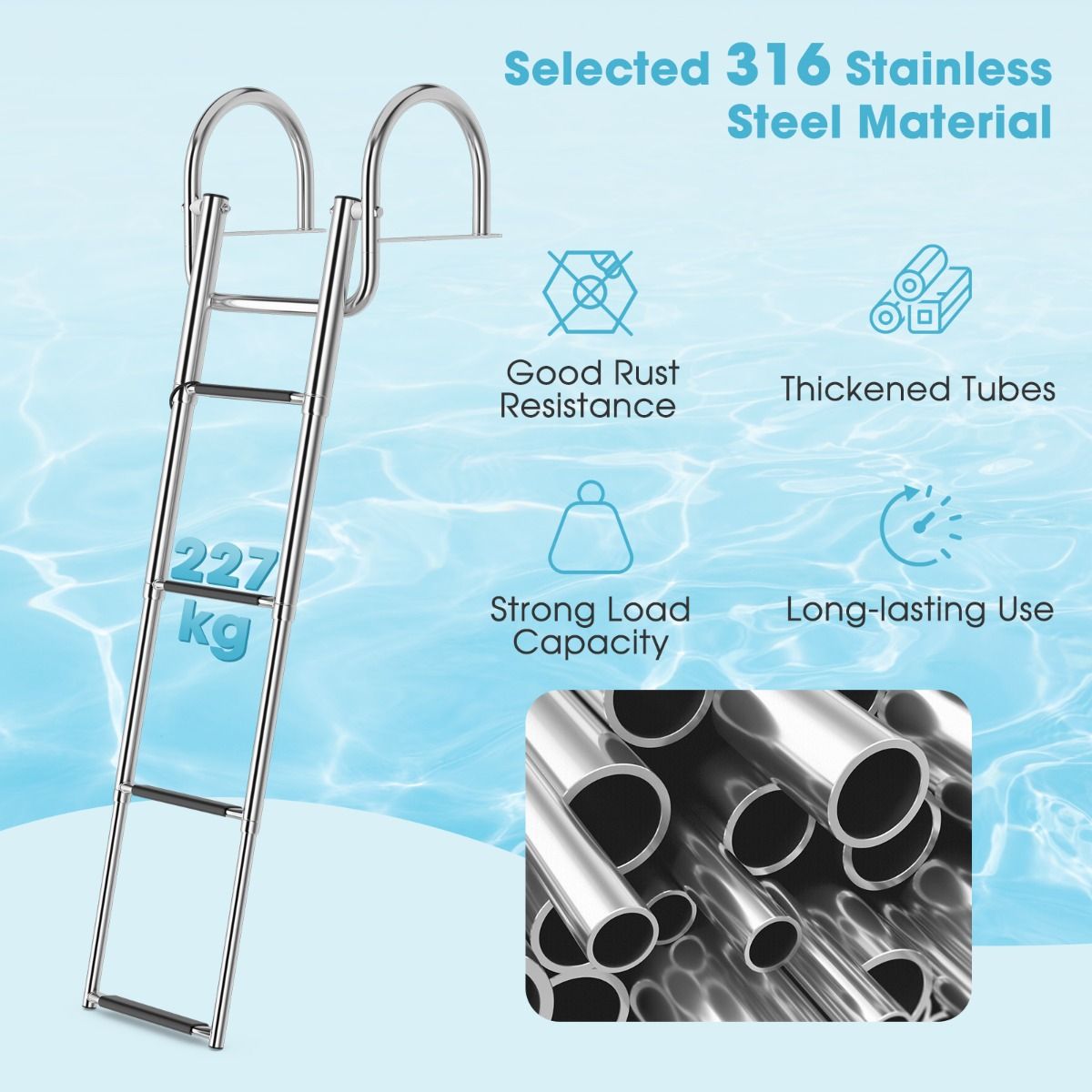 Coast Boat Ladder - Echelle de piscine - 4 marches - pliable - antidérapante - 120 cm - inox
