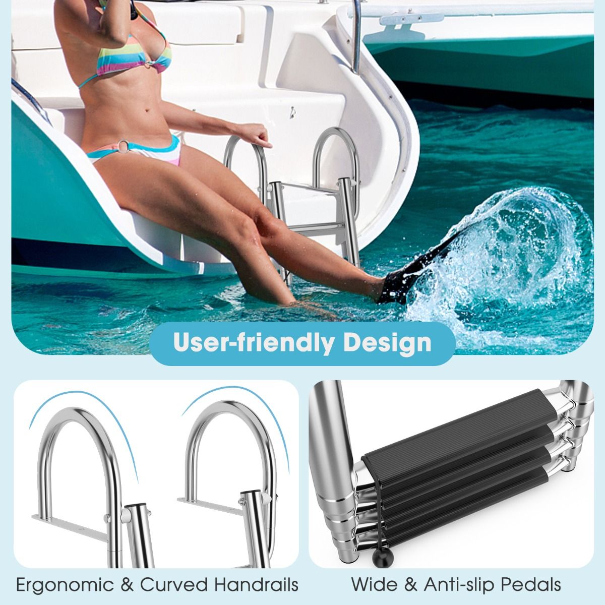 Coast Boat Ladder - Echelle de piscine - 4 marches - pliable - antidérapante - 120 cm - inox