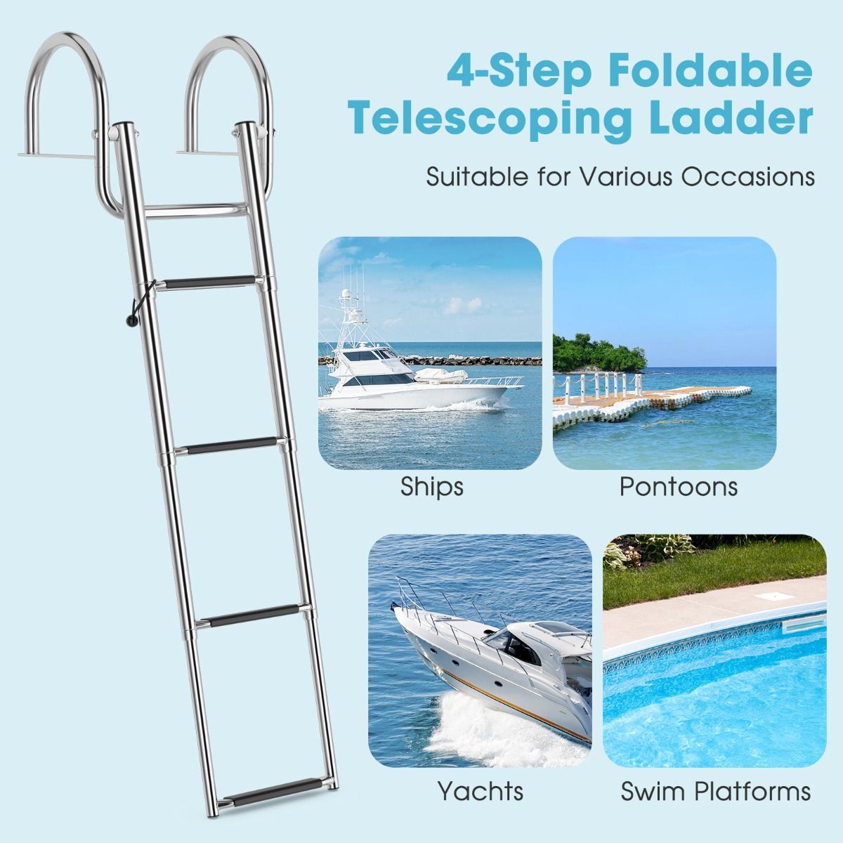 Coast Boat Ladder - Echelle de piscine - 4 marches - pliable - antidérapante - 120 cm - inox