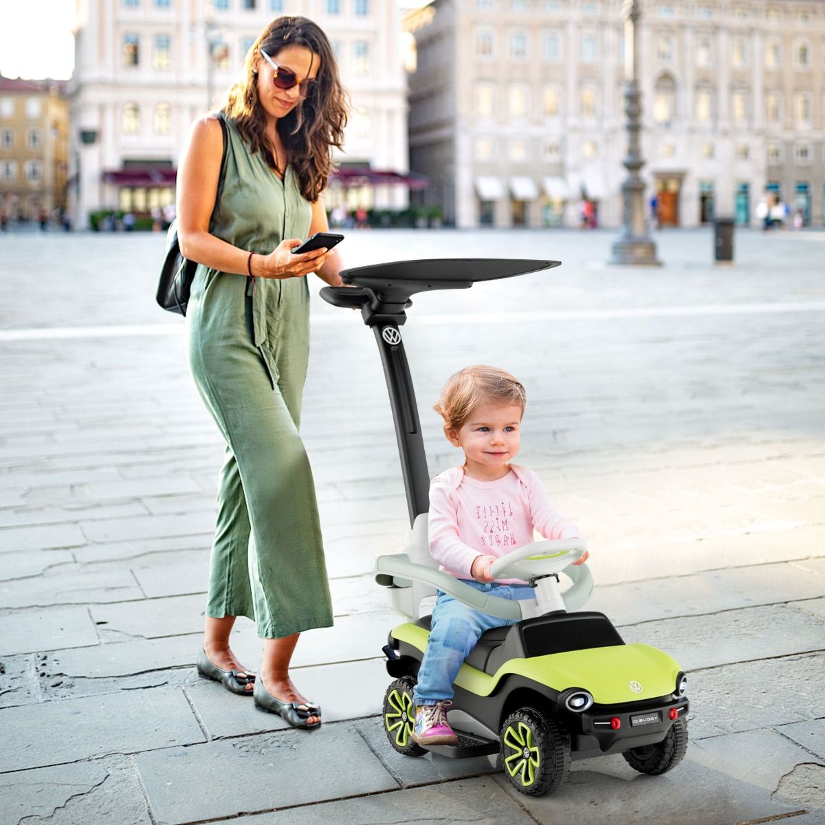 landau 3-en-1 pour enfant Coast Volkswagen vert 96 x 40 x 93 cm - voiture de marche avec poignée réglable, pare-soleil, musique, klaxon et espace de rangement