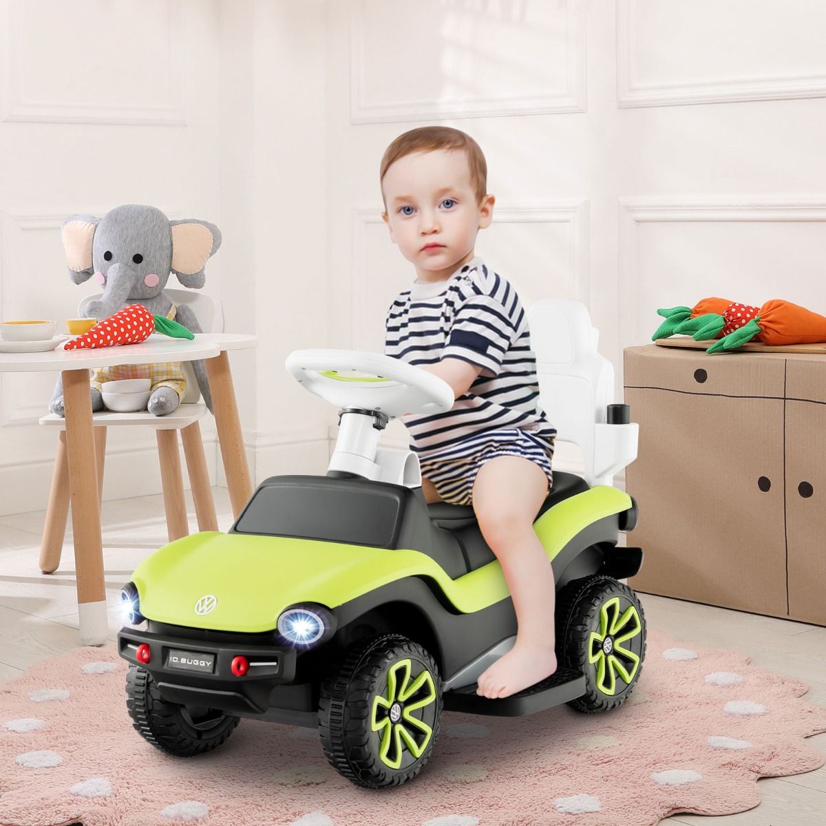 landau 3-en-1 pour enfant Coast Volkswagen vert 96 x 40 x 93 cm - voiture de marche avec poignée réglable, pare-soleil, musique, klaxon et espace de rangement
