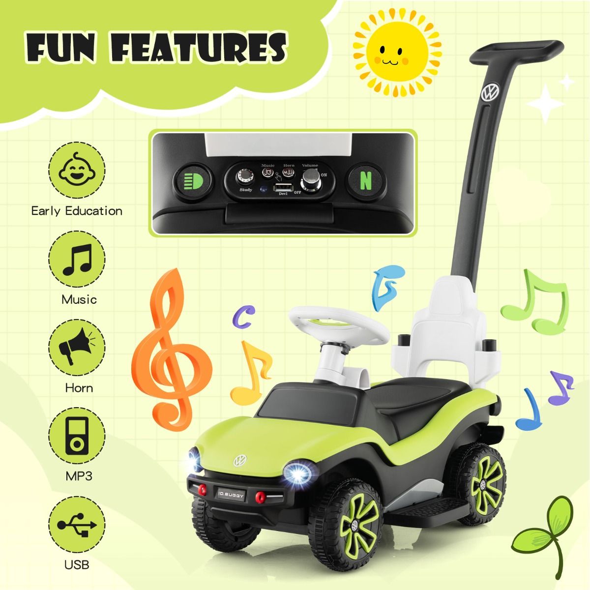 landau 3-en-1 pour enfant Coast Volkswagen vert 96 x 40 x 93 cm - voiture de marche avec poignée réglable, pare-soleil, musique, klaxon et espace de rangement