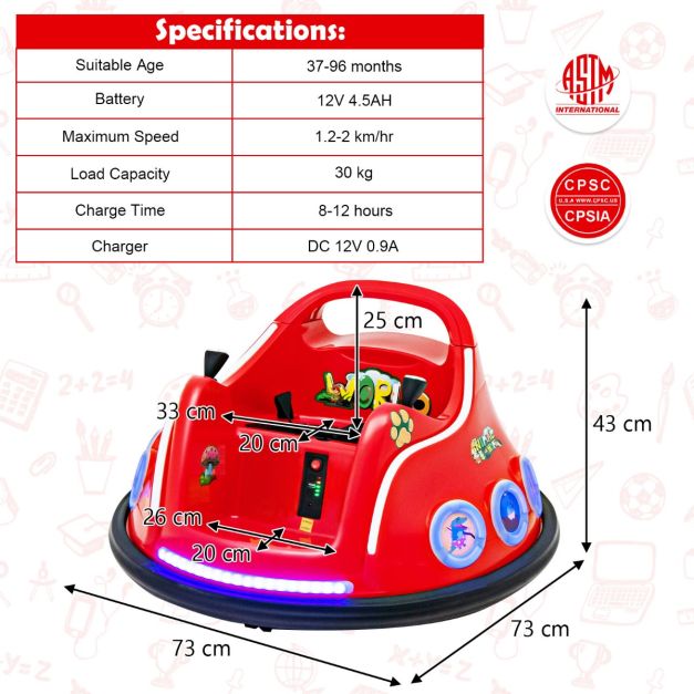 Coast Bumper Car - Rotation à 360 degrés - 12V - Musique et lumière incluses - 73x73x43cm - Rouge