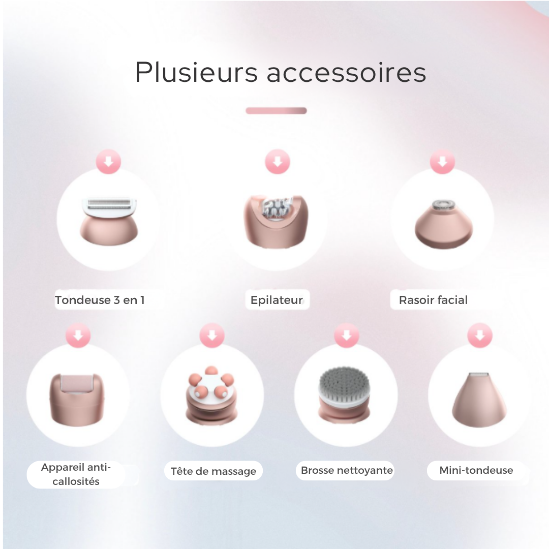 Épilateur Beeperfect® - Rechargeable - Étanche - 7 accessoires - Blanc/rose pâle