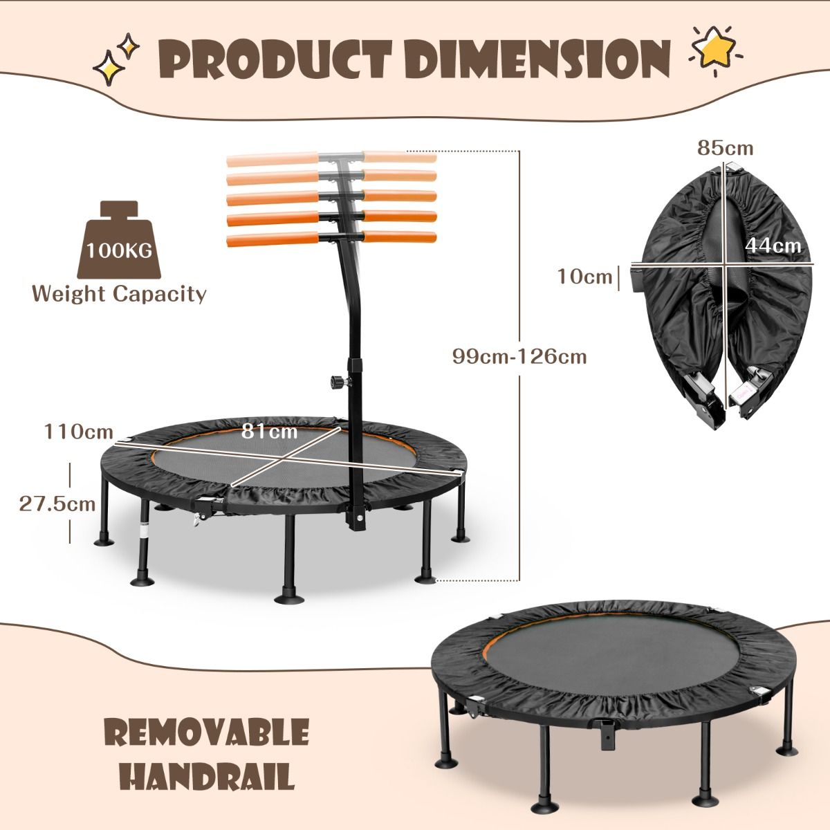 Mini trampoline Coast avec poignée réglable - jusqu'à 100kg - Ø117cm
