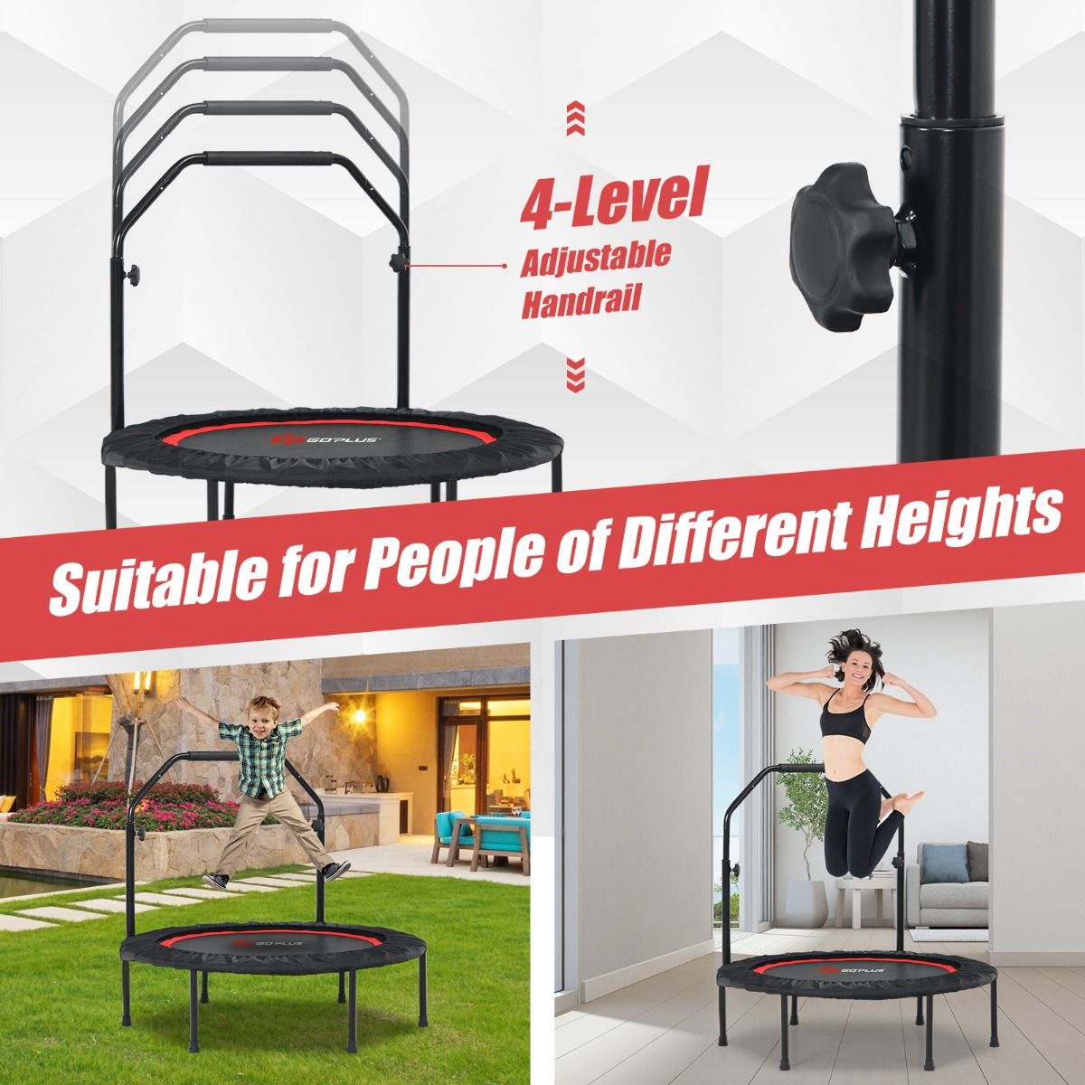 Coast Fitness Trampoline Ø101 cm Rouge - Mini trampoline pliable avec poignée réglable et 2 sangles de résistance - Capacité de charge maximale de 150 kg