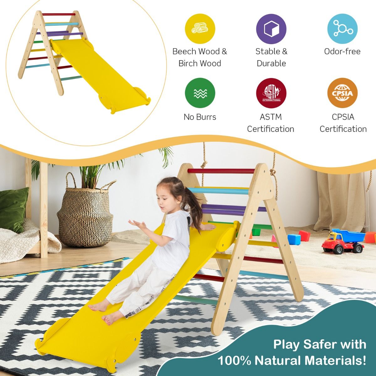 Triangle d'escalade Coast avec pente et support d'escalade en bois - Multicolore - 86,5 x 48 x 73,5 cm
