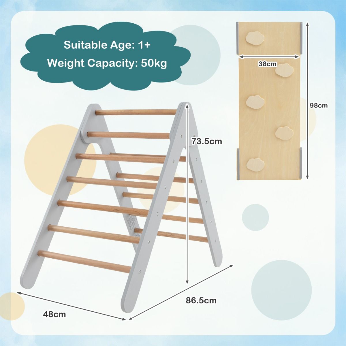 Coast Climbing Triangle with Slide - 86.5x48x73.5 cm - Cadre d'escalade en bois avec pente réglable 98x38 cm - Nature/Gris