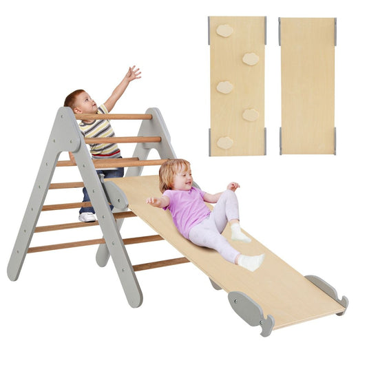 Coast Climbing Triangle with Slide - 86.5x48x73.5 cm - Cadre d'escalade en bois avec pente réglable 98x38 cm - Nature/Gris