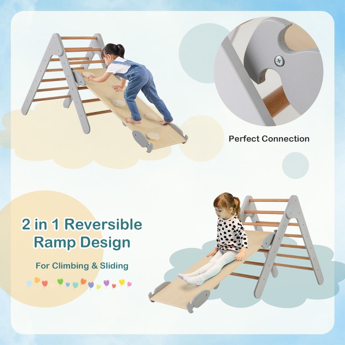 Coast Climbing Triangle with Slide - 86.5x48x73.5 cm - Cadre d'escalade en bois avec pente réglable 98x38 cm - Nature/Gris