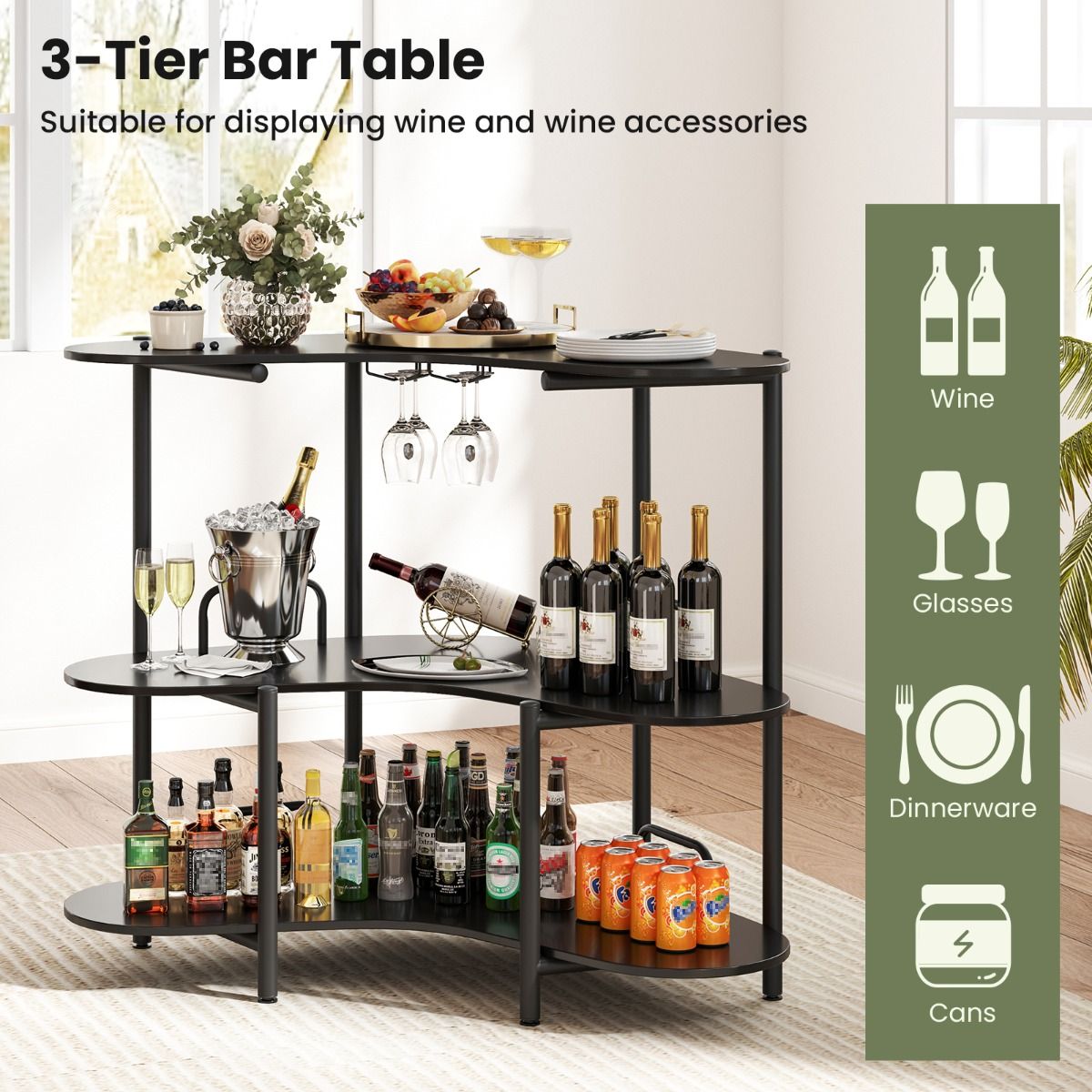Coast Table de bar Table de cuisine - 3 niveaux, porte-verre, max. 90 kg - 120 x 66 x 102 cm - Panneau de fibres de bois/métal - Noir