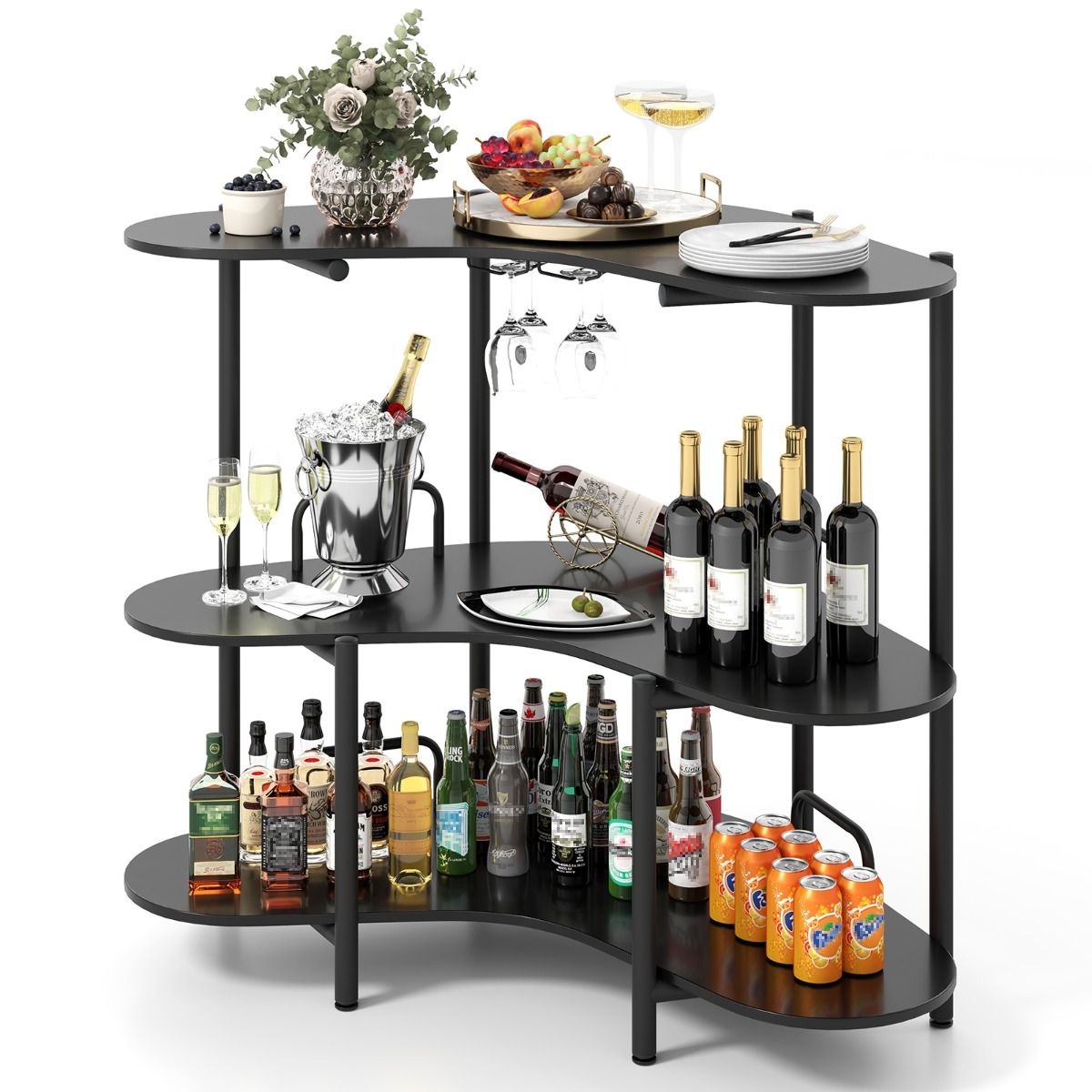 Coast Table de bar Table de cuisine - 3 niveaux, porte-verre, max. 90 kg - 120 x 66 x 102 cm - Panneau de fibres de bois/métal - Noir