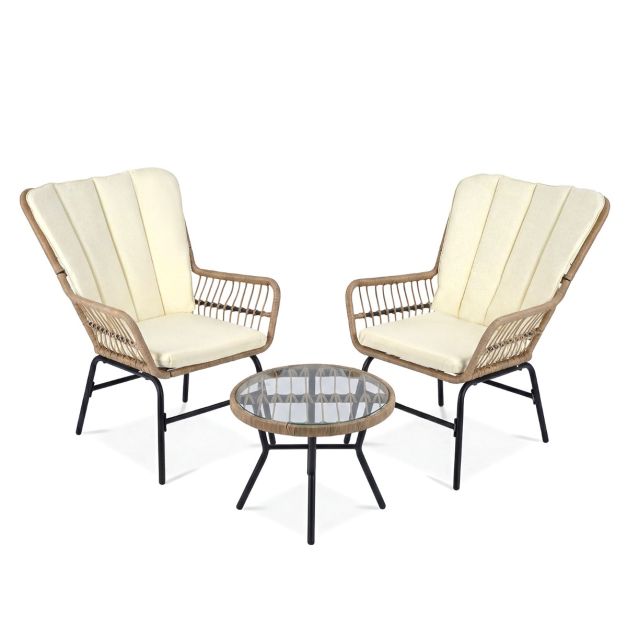 Ensemble bistro Coast 3 pièces - Coussins inclus - Table en verre trempé - Résistant aux intempéries - Brun/Beige