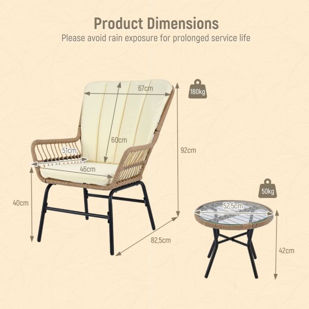 Ensemble bistro Coast 3 pièces - Coussins inclus - Table en verre trempé - Résistant aux intempéries - Brun/Beige