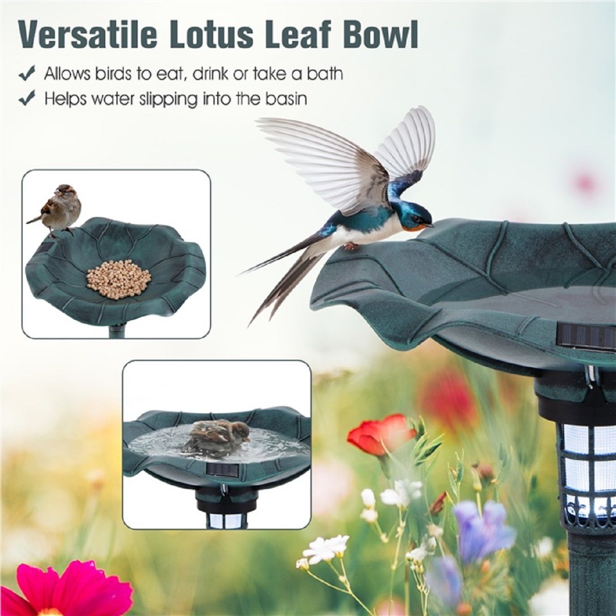 Coast Retro bain d'oiseaux avec éclairage solaire - mangeoire pour oiseaux avec pot de fleurs et support - vert - 43 x 43 x 76 cm