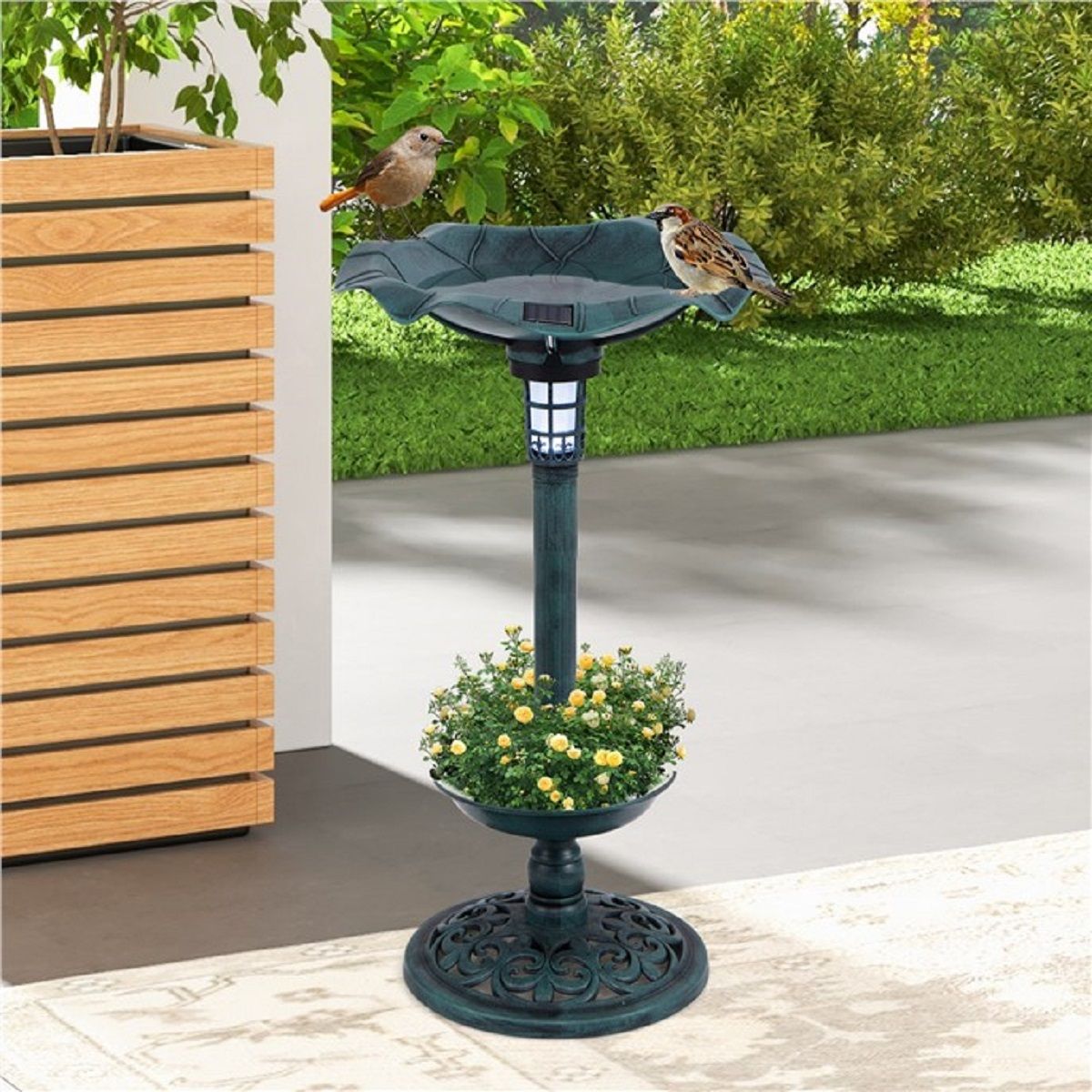 Coast Retro bain d'oiseaux avec éclairage solaire - mangeoire pour oiseaux avec pot de fleurs et support - vert - 43 x 43 x 76 cm