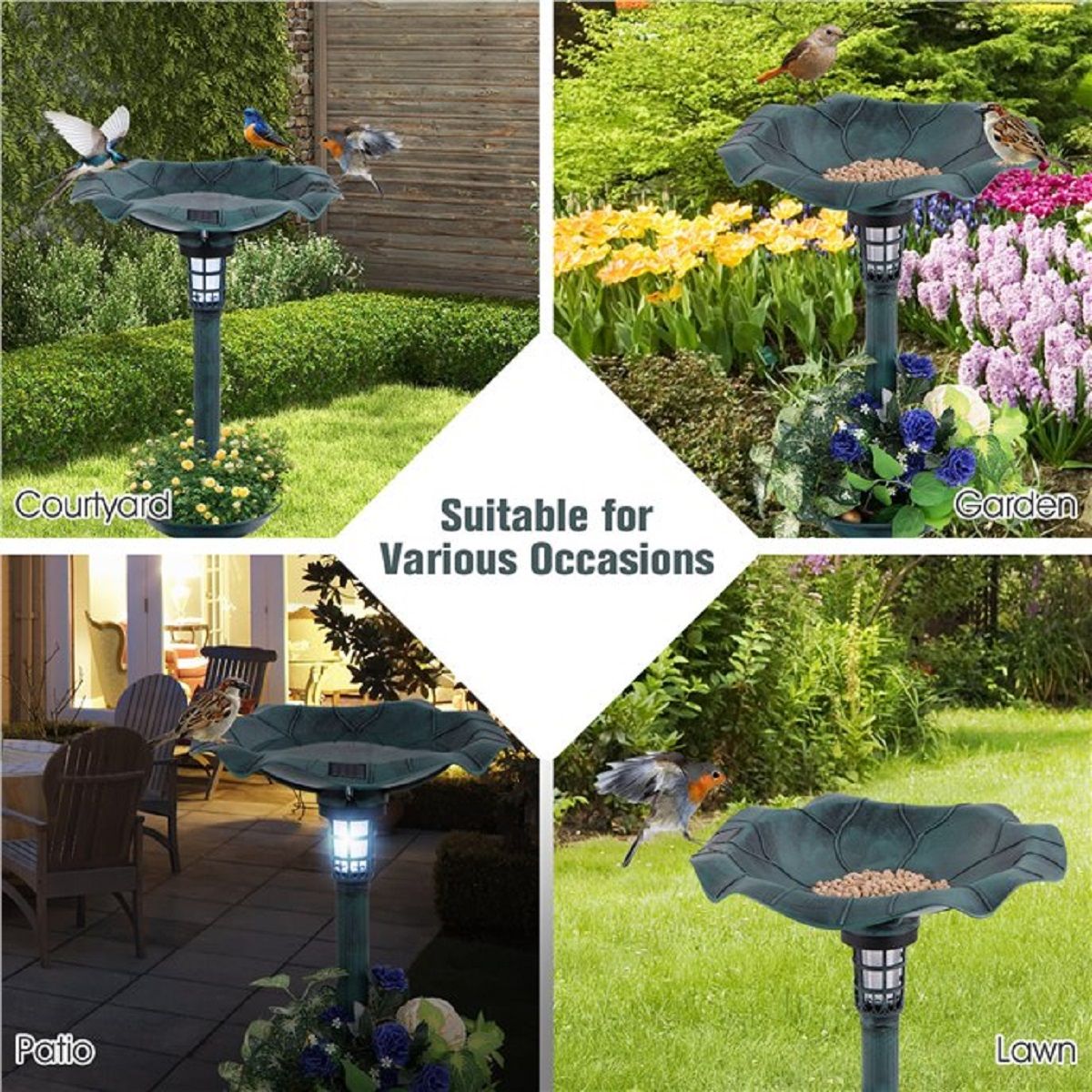 Coast Retro bain d'oiseaux avec éclairage solaire - mangeoire pour oiseaux avec pot de fleurs et support - vert - 43 x 43 x 76 cm