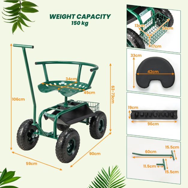 Coast Garden Trolley - Réglable - Rotation 360° - 90 x 59 x 106 cm - Vert