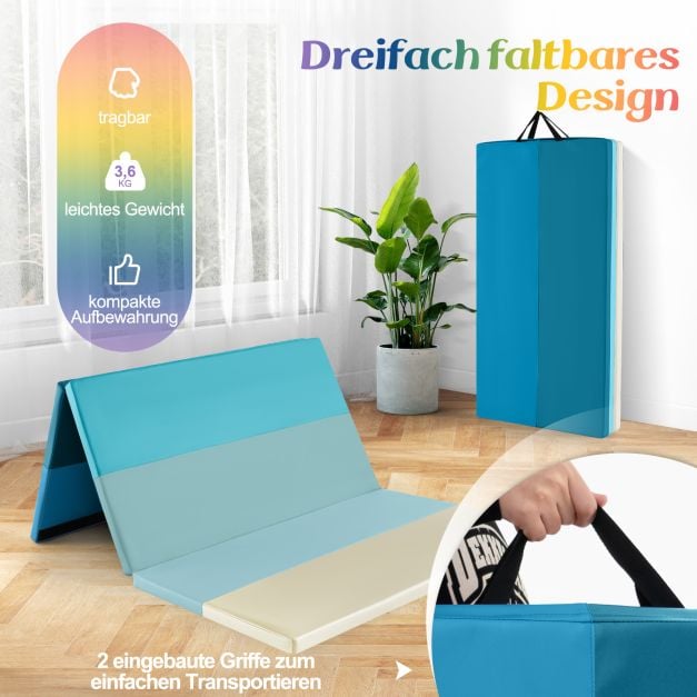 Coast Gymnastics Mat Blue - Tapis d'entraînement pliable en 3 parties avec poignées de transport - 180 x 120 x 4 cm